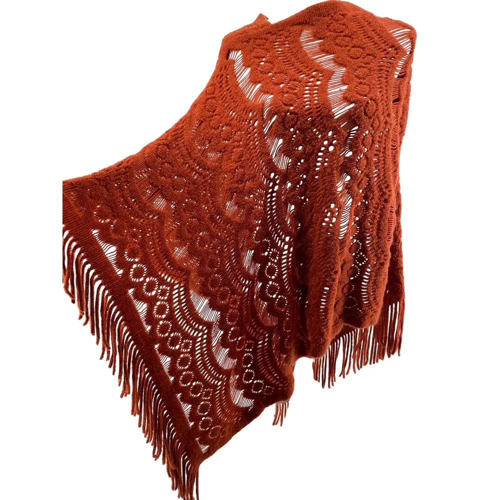 Anthropologie Poncho Womens Burnt Orange Cottagecore Country Western Boho Fringe